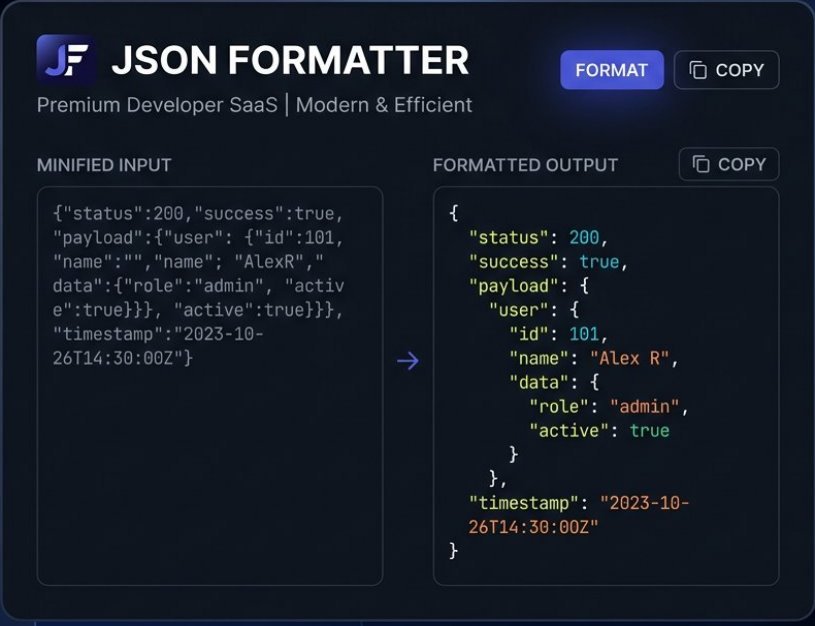 Screenshot of JSON Formatter tool showing minified and formatted JSON data.